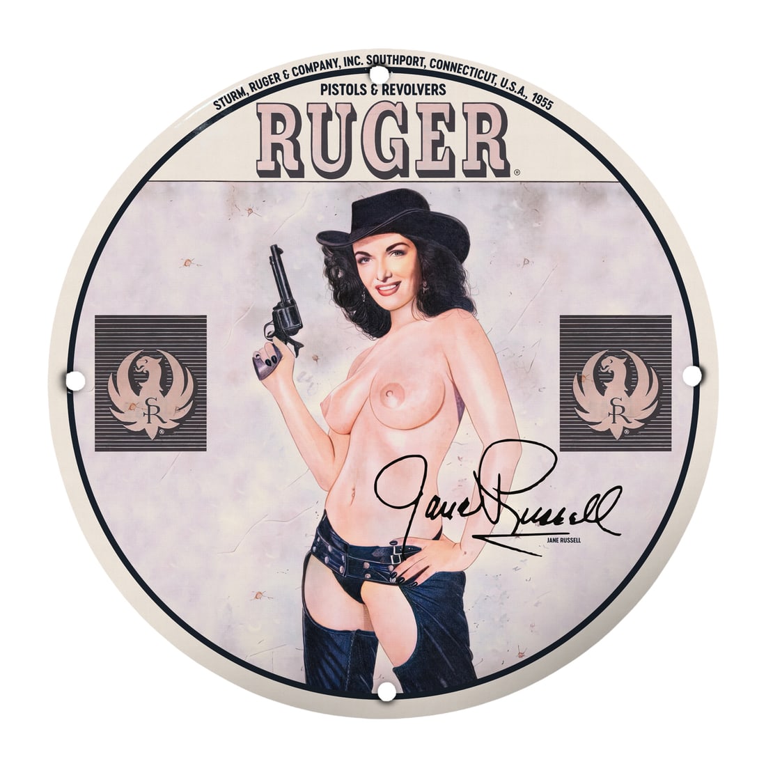 Vintage Jane Russell Ruger Pinup Girl Porcelain Sign - A Collector's Gem!: Introducing the stunning 12-inch round porcelain pinup girl model sign featuring the iconic Jane Russell in a striking design that captures the essence of mid-20th century Americana. A must-have for c