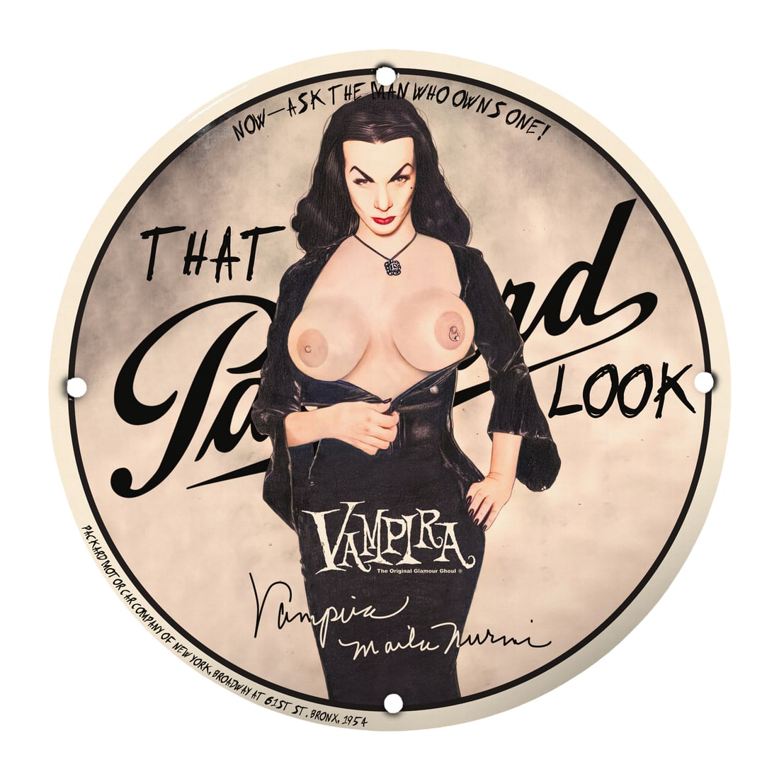 Vintage Porcelain Pinup Model Sign - Vampira's Iconic Glamour Look: Introducing the stunning 12-inch round porcelain pinup girl model sign featuring the legendary Vampira, the original glamor ghoul. This captivating piece showcases an enchanting design that pays homag