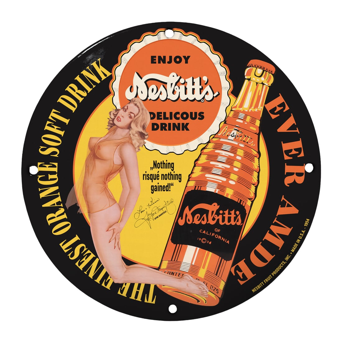 Nostalgic 12" Porcelain Pinup Girl Sign ? Enjoy Nesbitt's Delicious Drink: Dive into a world of retro charm with this stunning 12-inch round porcelain sign featuring a classic pinup girl, promoting Nesbitt's Delicious Drink. Whether you're a collector of vintage memorabilia 