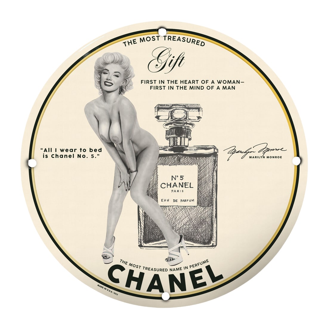 Charming Marilyn Monroe Pinup Art: Iconic Chanel No.5 Vintage Porcelain Sign: Elevate your collection with this stunning 12-inch round porcelain pinup girl sign featuring the legendary Marilyn Monroe. This exquisite piece of art merges vintage allure with a timeless brand, capt