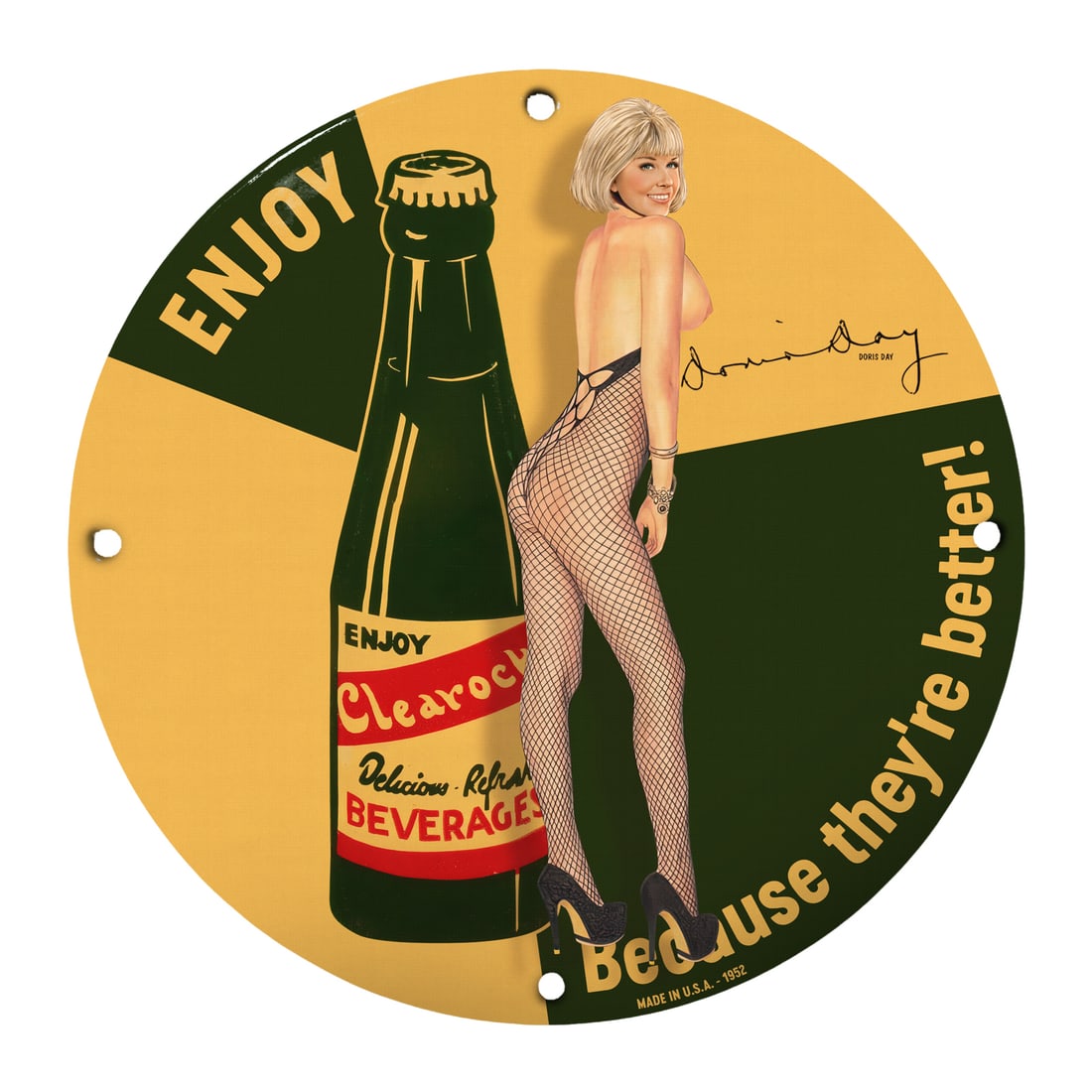 Vintage 12" Round Porcelain Pinup Girl Sign - Enjoy Clearroch Beverages: This stunning vintage-style 12-inch round porcelain sign features an iconic pinup girl design, celebrating the playful spirit of the mid-20th century. Crafted from durable porcelain, this collectible 