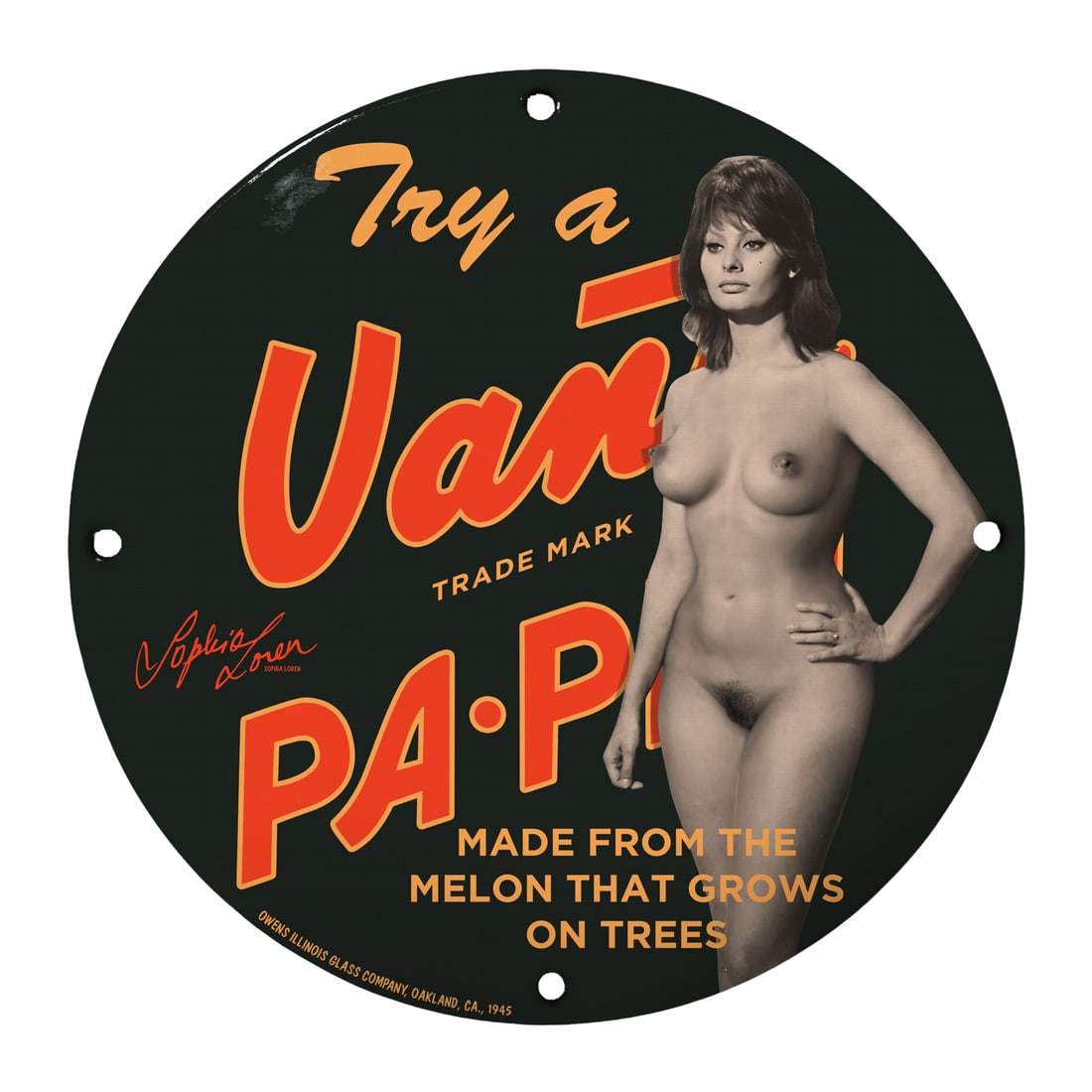 Vintage 12" Porcelain Pinup Girl Sign - Try a Vani-Pa-Pi!: Discover a unique piece of decorative art with this captivating 12-inch round porcelain sign featuring a beautiful pinup girl, perfect for collectors and vintage enthusiasts alike! This sign, with its