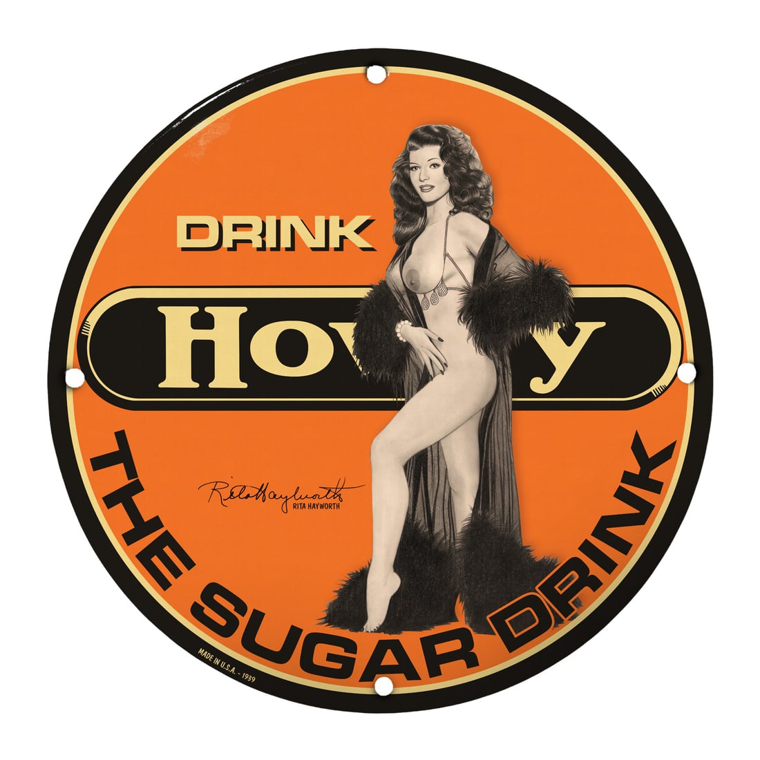 Vintage 12" Round Porcelain Pinup Girl Sign - Howdy Sugar Drink: Discover the allure of retro art with this exquisite 12-inch round porcelain sign featuring a stunning pinup girl, perfectly encapsulating the charming aesthetics of a bygone era. Created as an homage