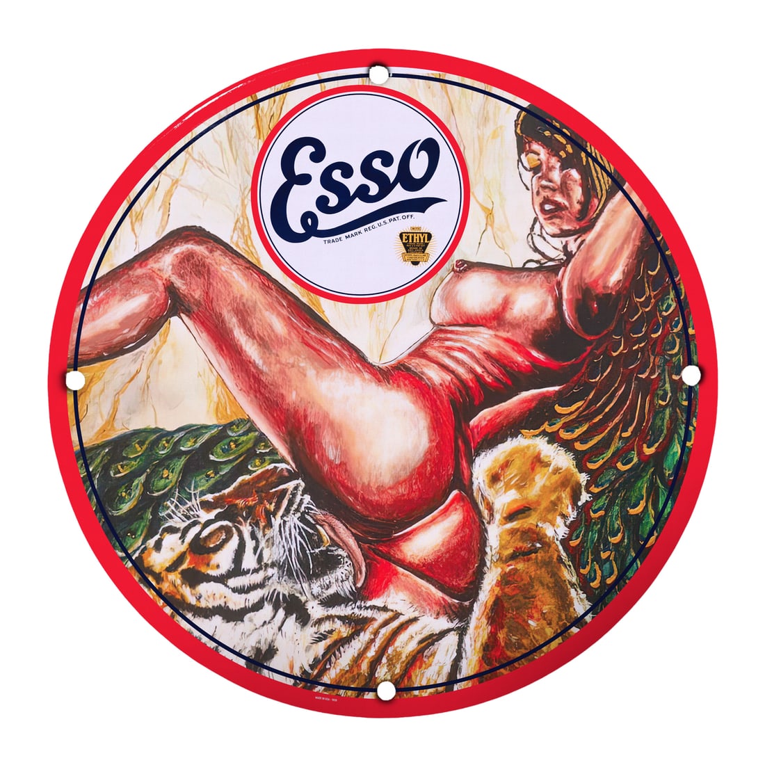 Vintage Esso Pin-Up Girl Porcelain Sign - 12-Inch Round Wall Decor: Elevate your space with this stunning 12-inch round porcelain sign featuring a captivating vintage pin-up girl artwork, intricately illustrated against a vibrant backdrop of peacock feathers and a fie
