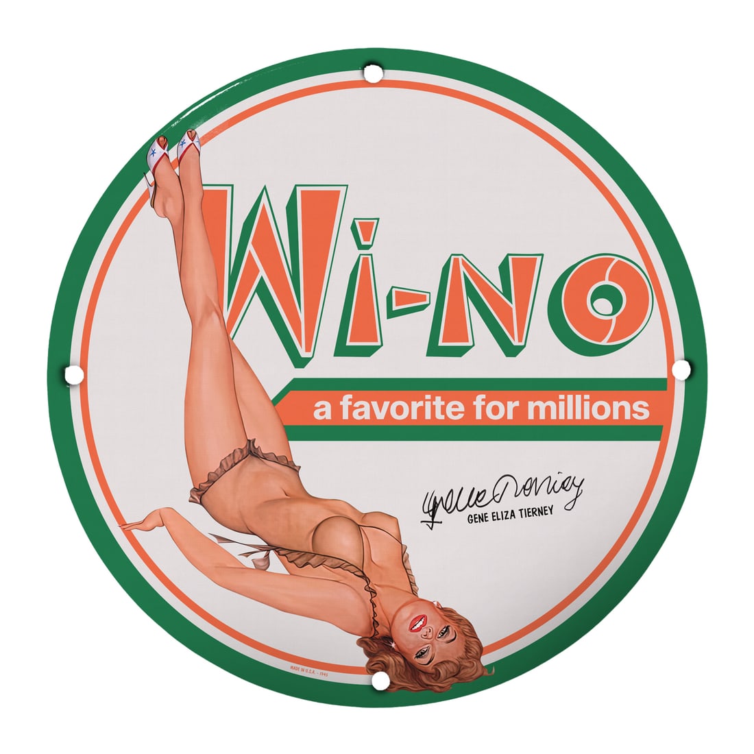 Vintage Wi-No Pinup Girl Porcelain Sign - A Retro Classic: This stunning 12-inch round porcelain pinup girl sign features the iconic Wi-No branding, capturing the essence of classic Americana. With its vibrant colors and playful graphics, this sign is designe
