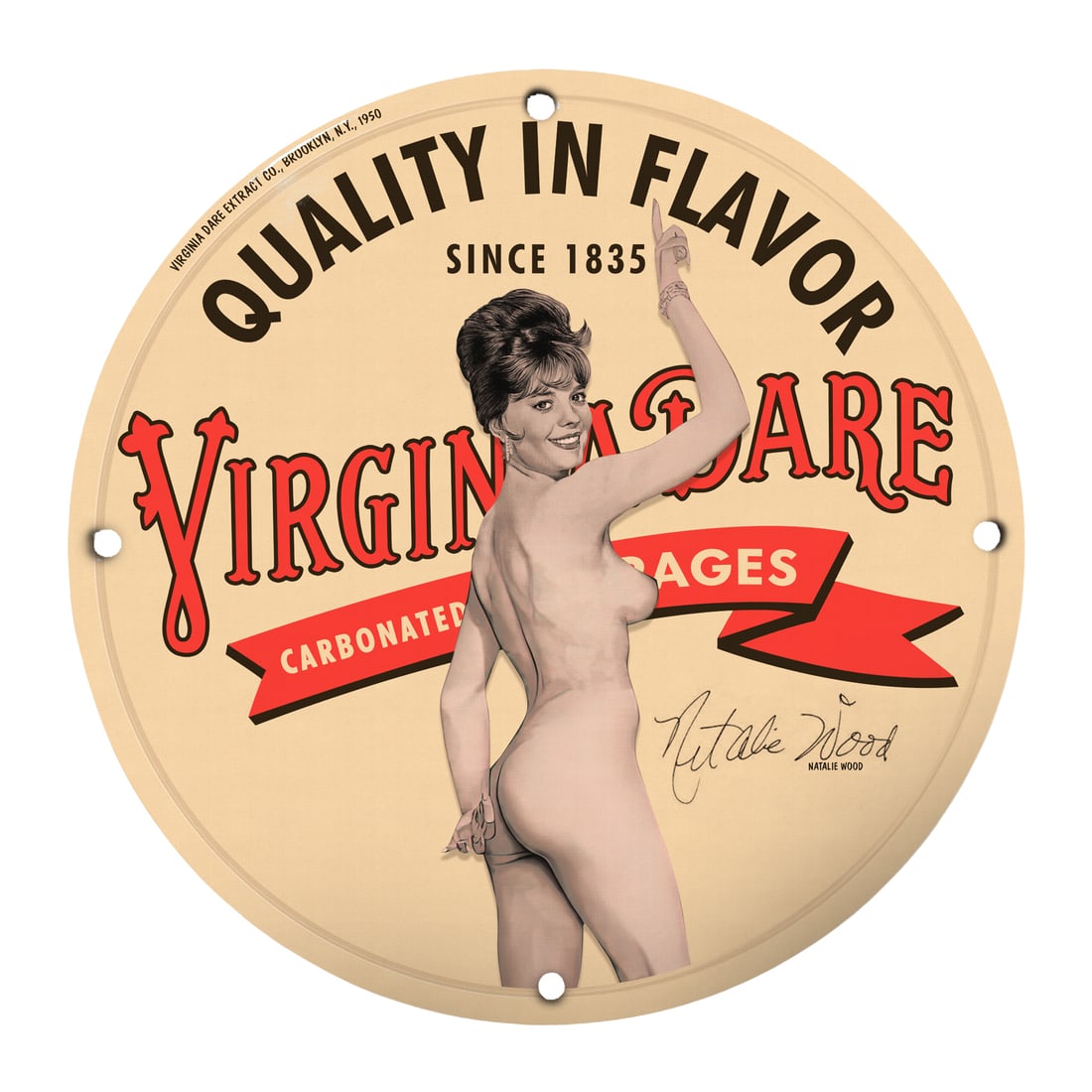 Vintage Virginia Dare Carbonated Beverages Pinup Girl Sign - Quality in Flavor: Discover the exquisite charm of the Vintage Virginia Dare Carbonated Beverages 12-inch round porcelain pinup girl model sign, featuring an iconic mid-century design that brings a nostalgic vibe to any