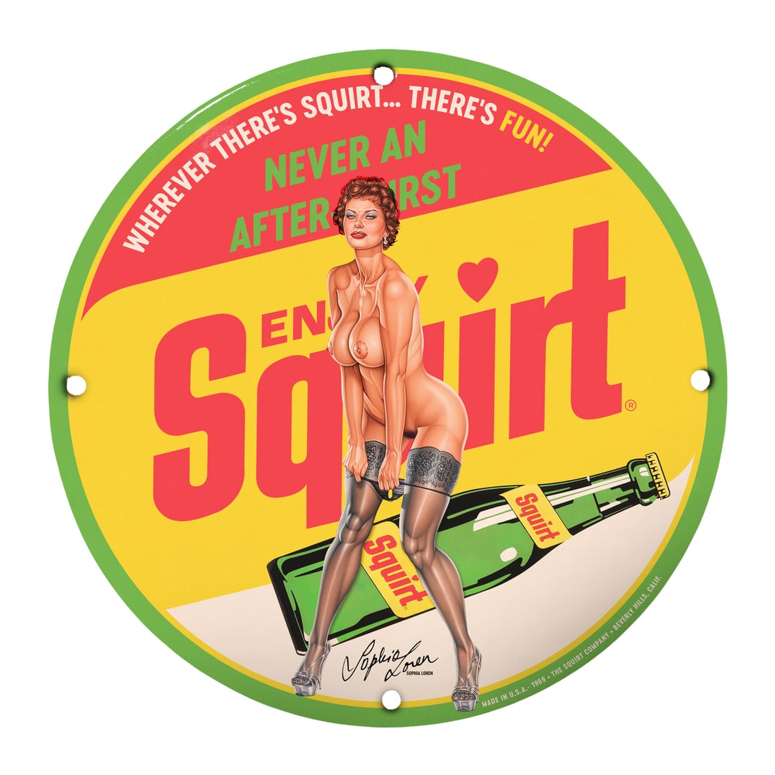 Vintage 12" Round Porcelain Pinup Girl Sign - Enjoy Squirt with Fun Retro Vibes: Bring a touch of nostalgia and playful charm to your space with this striking 12-inch round porcelain pinup girl sign featuring the phrase 'Enjoy Squirt' prominently displayed. This collector's piece 