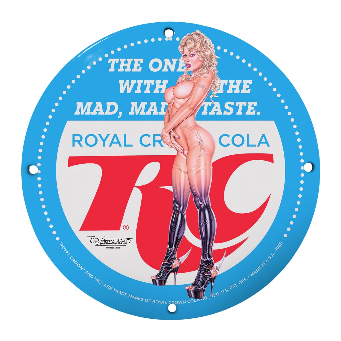 Vintage 12-inch Porcelain Pinup Girl Royal Crown Cola Sign - Retro Collectible Art: This stunning 12-inch round porcelain sign featuring a classic pinup girl is a must-have collectible for vintage art enthusiasts and soda memorabilia fans. Created for Royal Crown Cola, this sign show