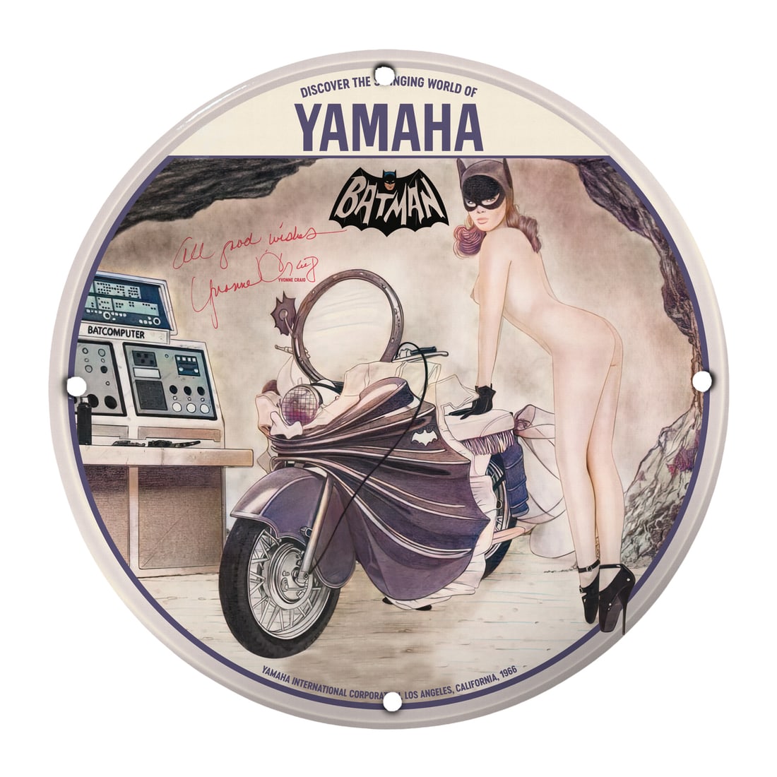 Captivating 12" Yamaha Pinup Girl Porcelain Sign - A Vintage Masterpiece: Elevate your collection with this stunning 12-inch round porcelain sign featuring a vintage pinup girl in a playful homage to the timeless elegance of pop culture and cinema. This unique design intric