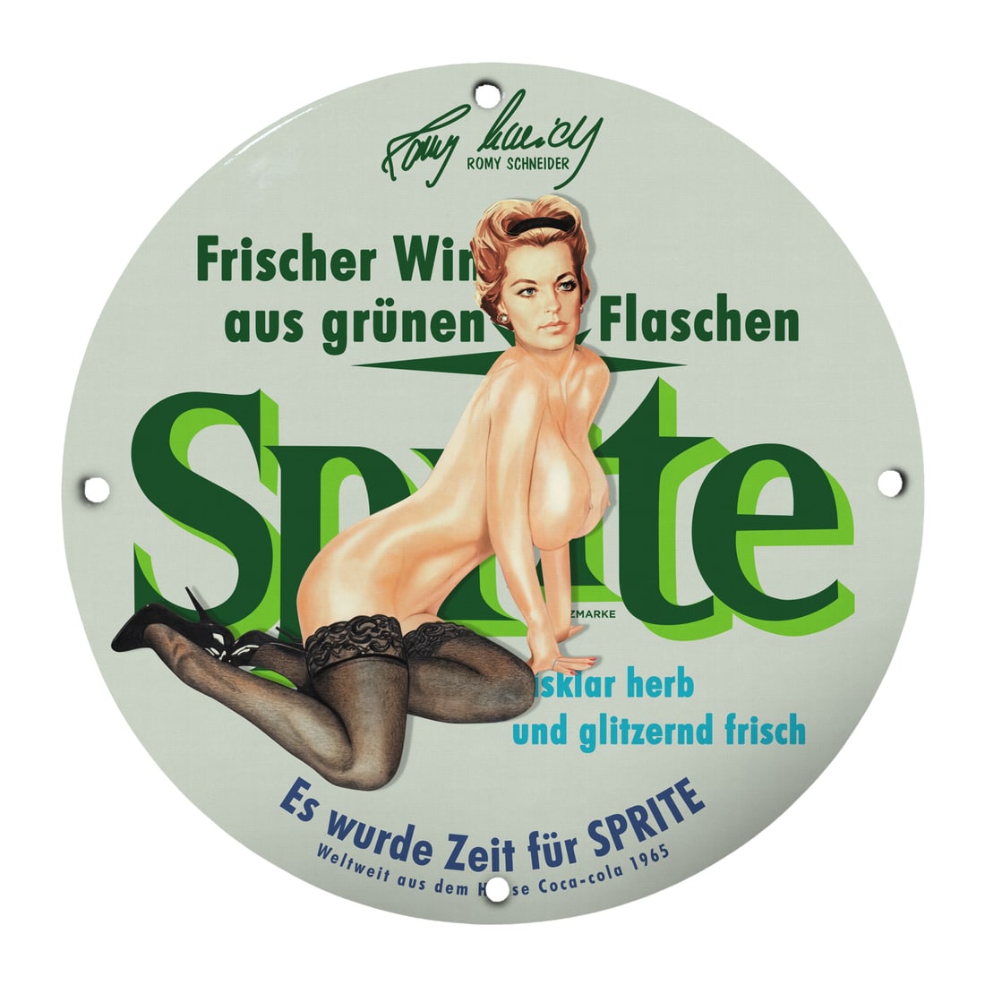 Vintage Pinup Girl Porcelain Sign - Sprite 1965 Ad Art - Classic Wall Decor: Dive into nostalgia with this stunning vintage porcelain pinup girl sign featuring an iconic Sprite advertisement from 1965. This collectible 12-inch round sign showcases the alluring image of a class
