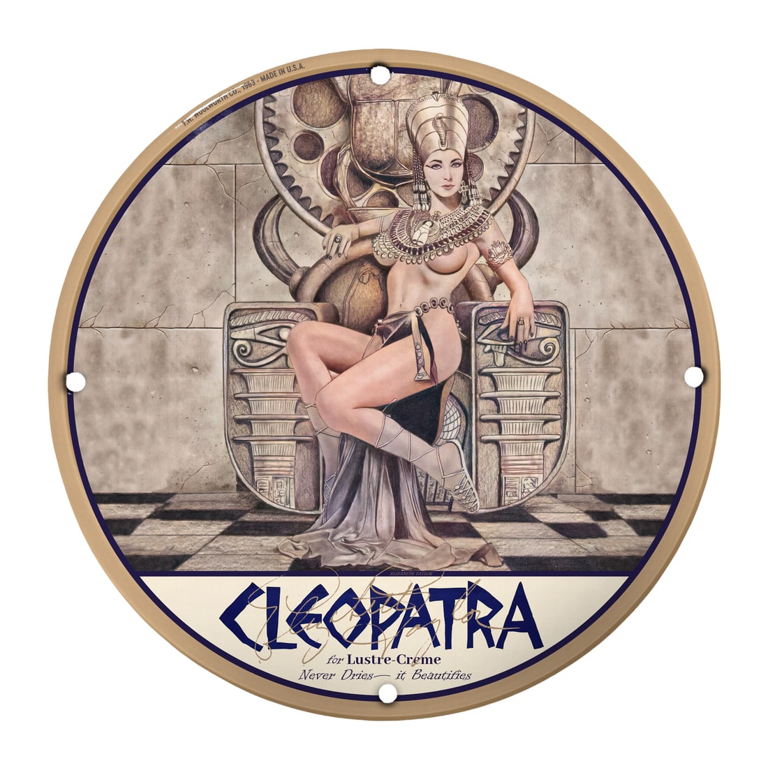 Gorgeous 12" Round Porcelain Cleopatra Pinup Girl Sign - Vintage Decor: Step into a world where history meets art with this stunning 12-inch round porcelain pinup girl model sign, featuring the iconic Cleopatra. This exquisite piece captures the essence of classic pinup a