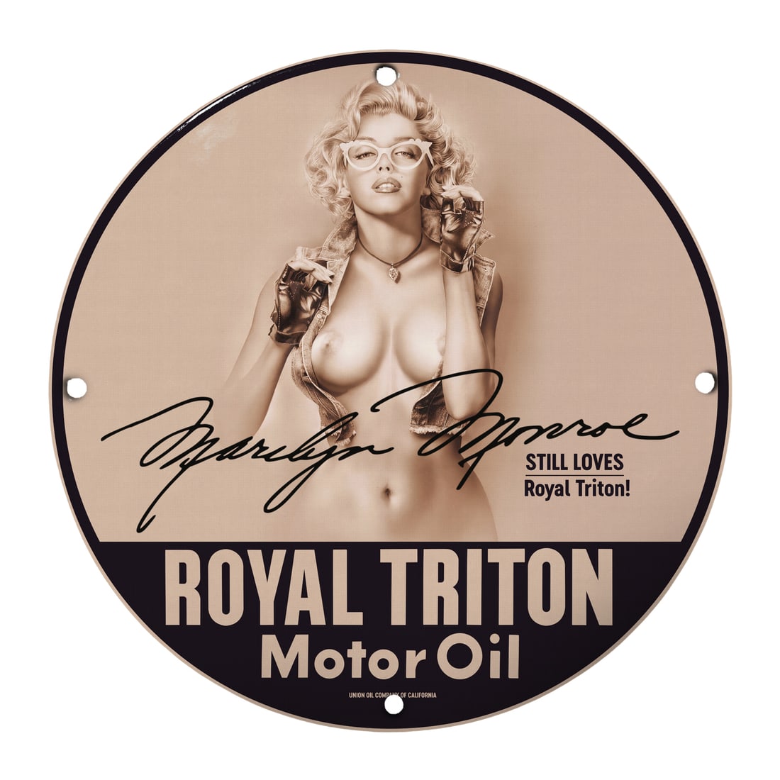 Vintage Marilyn Monroe Royal Triton Motor Oil Porcelain Sign - 12" Round: Discover a piece of pop culture history with this stunning 12-inch round porcelain sign featuring the iconic Marilyn Monroe, famously known for her timeless beauty and charm. The sign showcases a stri