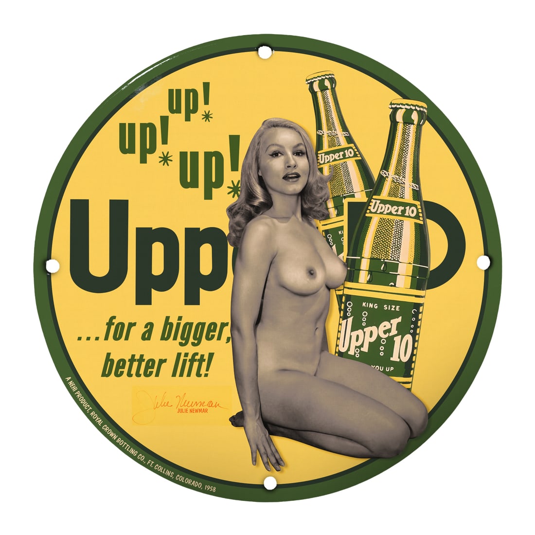 Vintage Upper 10 Pinup Girl Sign - Timeless Retro Charm for Collectors: Discover the allure of classic advertising with this magnificent 12-inch round porcelain pinup girl model sign, featuring the enchanting design of the Upper 10 soda campaign from 1958. This piece eleg