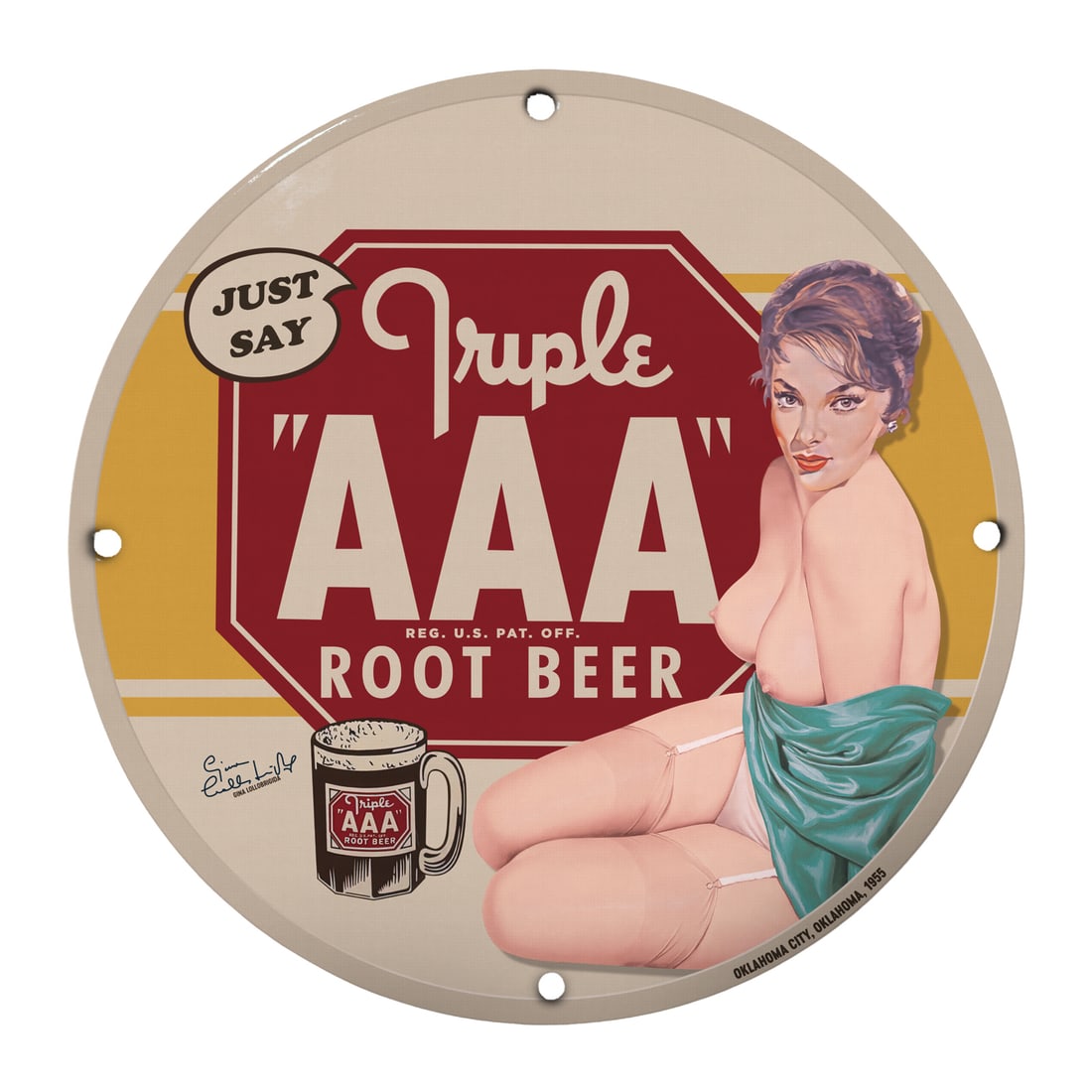 Vintage 12" Round Porcelain Pinup Girl Sign - Triple AAA Root Beer: Step into a world of nostalgia with this vibrant 12-inch round porcelain sign showcasing the alluring beauty of a classic pinup girl, elegantly draped in silk. Perfect for collectors and vintage enthu