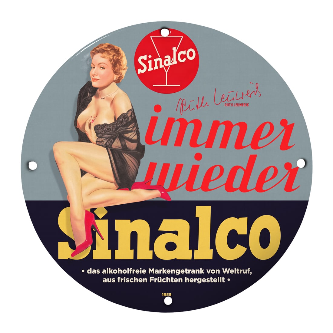 Vintage Sinalco Pinup Girl Porcelain Sign ? Retro Wall Art for Collectors: Discover the captivating charm of the Vintage Sinalco Pinup Girl Porcelain Sign, measuring a striking 12 inches in diameter. This exquisite round sign features a beautifully illustrated pinup girl fro