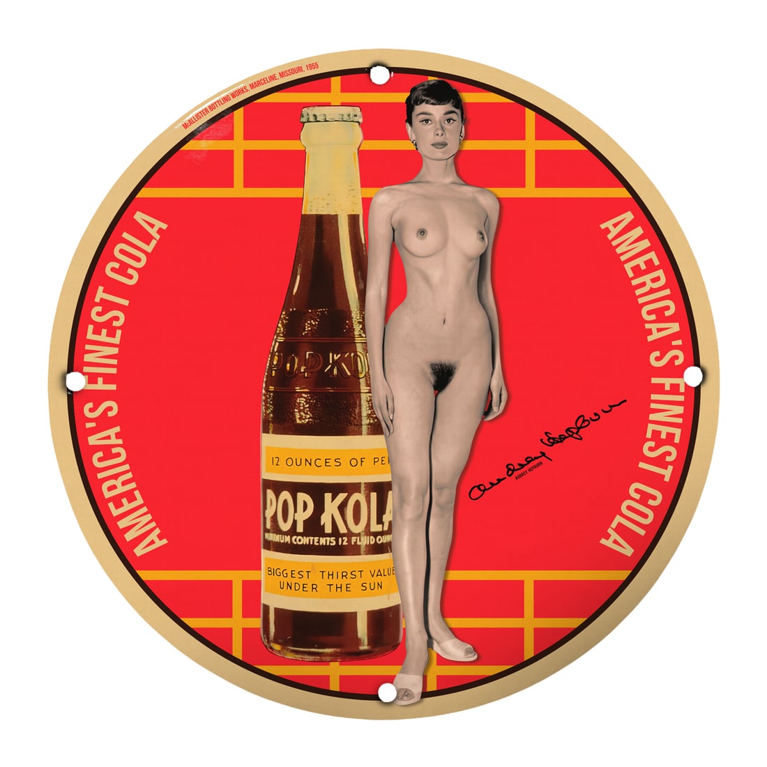 Vintage 12" Round Porcelain Pin-Up Girl Sign - Pop Kola Advertisement: Introducing a stunning vintage-inspired 12-inch round porcelain sign featuring a classic pin-up girl, paired with the iconic 'Pop Kola' soda advertisement. This high-quality decorative piece combines 