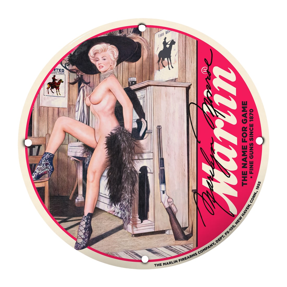 Vintage Marlin Firearms Pin-Up Girl Porcelain Sign - Classic Americana Art: This stunning 12-inch round porcelain sign features an iconic pin-up girl design inspired by the classic Americana style. The striking artwork captures the essence of mid-20th century charm, showcasin