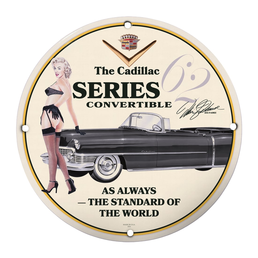 Vintage Cadillac Series '62 Convertible Pinup Girl Sign - Classic Auto Decor: This stunning 12-inch round porcelain sign showcases a beautiful pinup girl set against the iconic backdrop of the Cadillac Series '62 Convertible. A timeless piece, it combines the allure of classic 