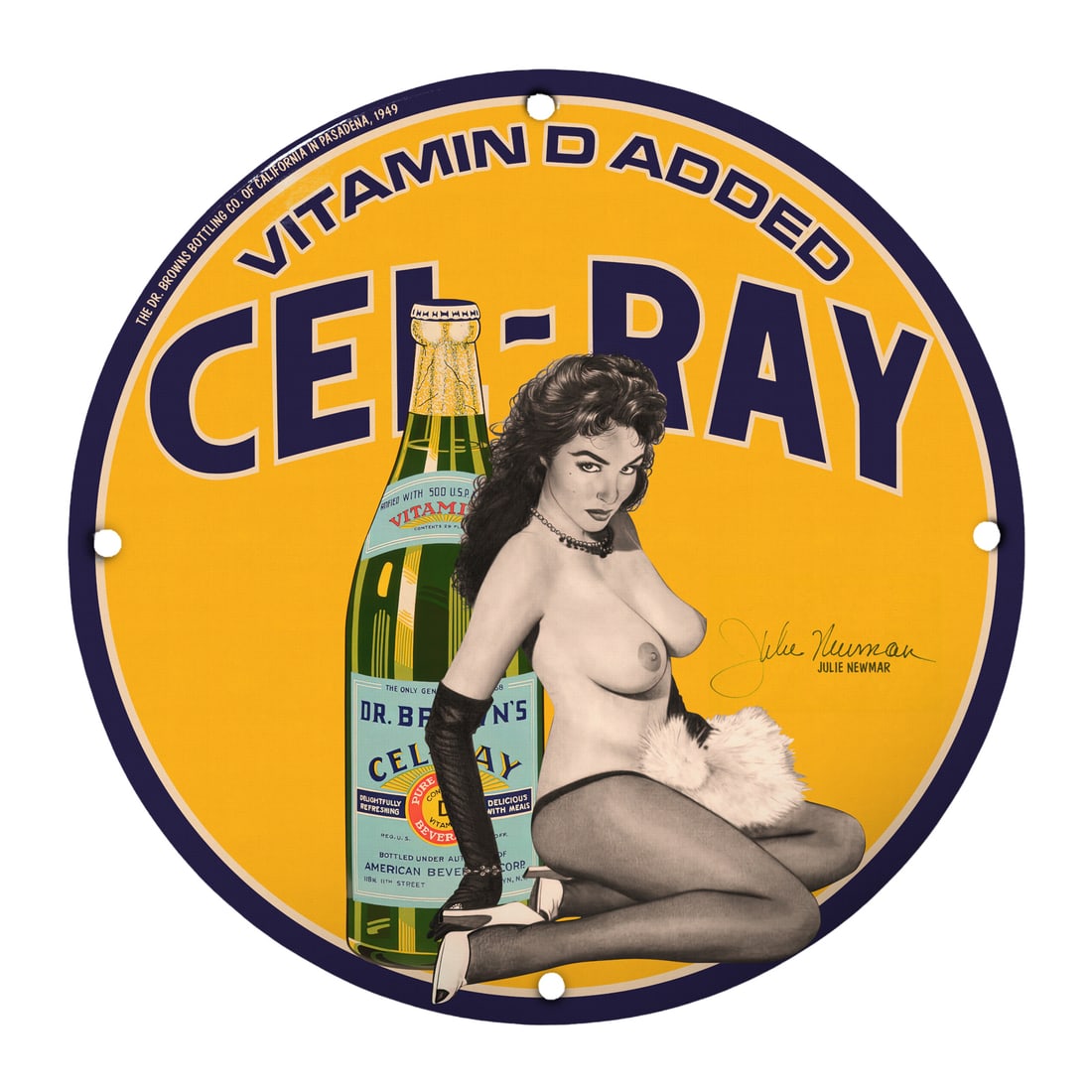 Vintage Pinup Girl Porcelain Sign - Cel-Ray Soda - Julie Newmar Artwork: Discover a classic 12-inch round porcelain sign featuring the iconic pinup girl design inspired by the sultry artwork of Julie Newmar for Cel-Ray Soda. This unique piece captures the nostalgia of mid-