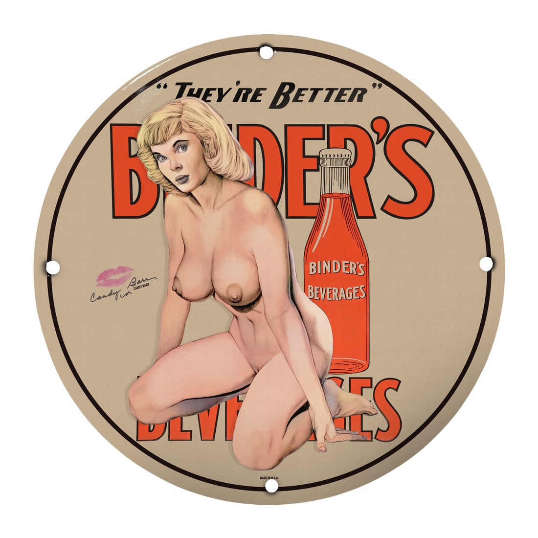 Vintage Pinup Girl Binder's Beverages 12" Porcelain Sign - Retro Art Decor: This stunning 12-inch round porcelain sign featuring a classic pinup girl design is a must-have for collectors and enthusiasts of vintage memorabilia. Perfectly capturing the essence of mid-20th centu