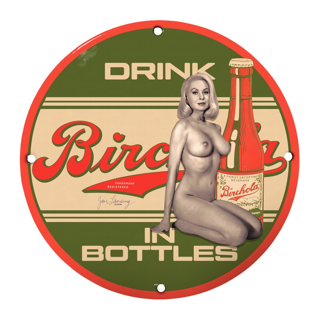 Vintage 12" Round Porcelain Pinup Girl Sign - Drink Birchoia in Bottles (1 of 1)