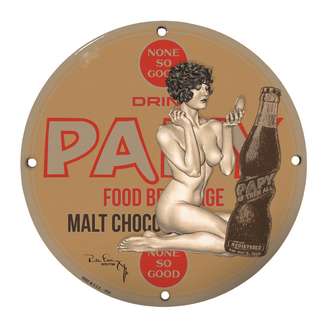 Vintage 12" Round Porcelain Pinup Girl Sign - Classic Advert for Papy Malt Beverage: Experience a piece of nostalgic Americana with this stunning 12-inch round porcelain pinup girl model sign featuring the iconic Papy Malt Beverage advertisement. This beautifully designed sign showcas
