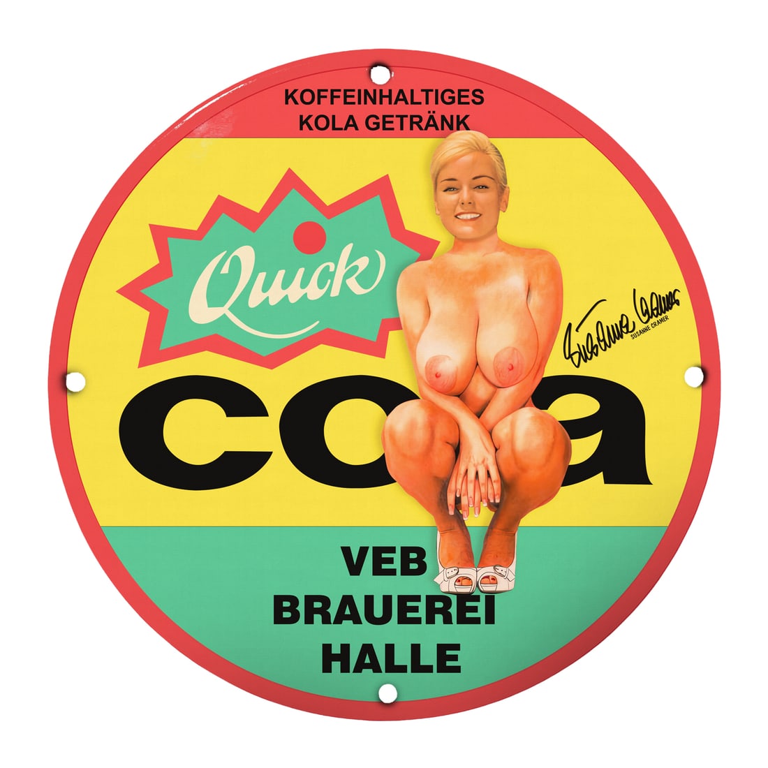Vintage 12" Round Porcelain Pin-Up Girl Quick Cola Sign ? Retro Advertising Artwork: Introducing an iconic piece of retro advertising, this vintage 12-inch round porcelain sign features a stunning pin-up girl that perfectly captures the spirit of mid-20th century design. This artwork 