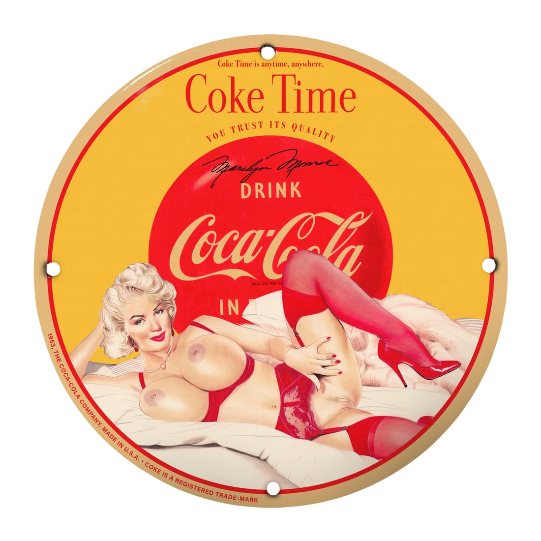 Vintage 12" Round Porcelain Pin-Up Girl Coca-Cola Sign - Coke Time Decor: Step back in time with this iconic 12-inch round porcelain sign featuring a captivating pin-up girl, beautifully styled to embody the nostalgia of mid-20th century America's love for Coca-Cola. Promin