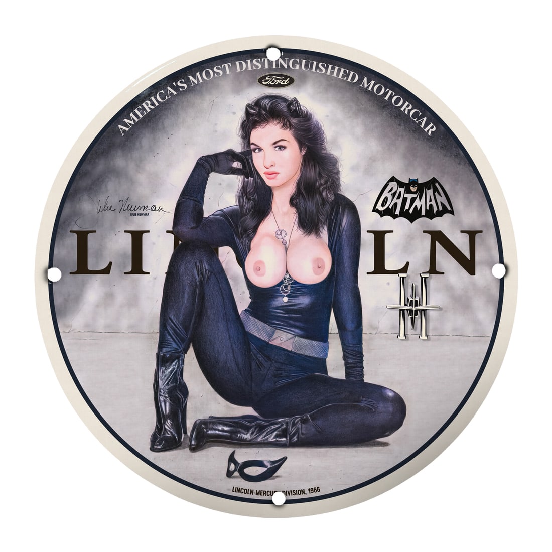 Vibrant 12" Round Porcelain Pinup Girl Sign - Classic Glamour & Style: Introducing an exquisite piece for collectors and lovers of vintage art: a 12-inch round porcelain sign featuring a stunning pinup girl, capturing the essence of timeless glamour and classic automotiv
