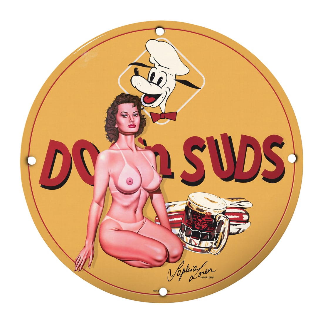 Vintage 12" Porcelain Pin-Up Girl Sign - Retro 'Doin' Suds' Bar Decor: Dive into the nostalgia of vintage Americana with this exquisite 12-inch round porcelain sign featuring a captivating pin-up girl design and the playful slogan 'Doin' Suds.' Crafted from high-quality 
