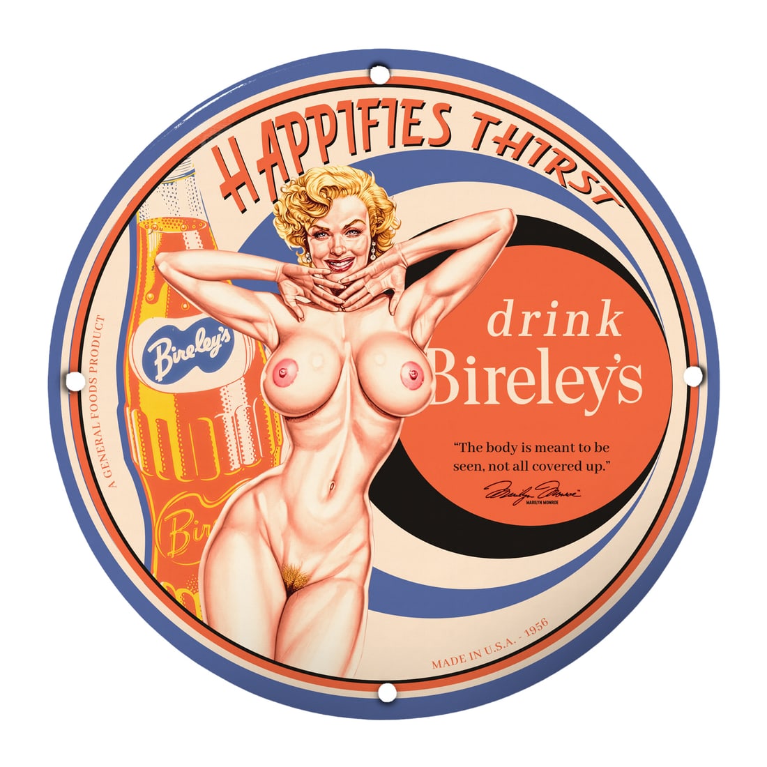 Vintage 12" Pinup Girl Porcelain Sign - Drink Bireley's - Classic Nostalgic Decor: Celebrate a touch of nostalgia with this stunning 12-inch round porcelain sign featuring a classic pinup girl design. Perfectly crafted, this sign captures the essence of mid-20th century advertising 