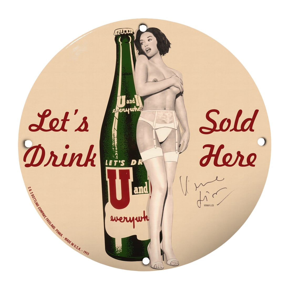 Vintage Pinup Girl Porcelain Sign - Let's Drink - 12" Round Retro Art: Enhance your collection with this captivating 12-inch round porcelain pinup girl model sign, featuring the playful vintage design of a glamorous woman playfully posed next to a classic bottle emblazon