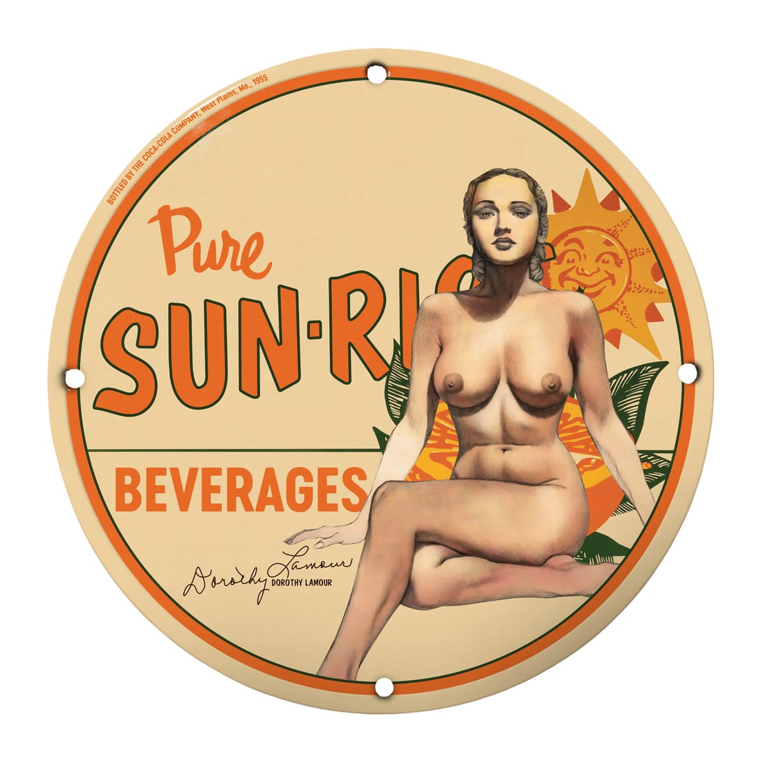 Vintage Pin-Up Porcelain Sign - Pure Sun-Rip Beverages - Classic Artwork: Discover this stunning 12-inch round porcelain pin-up girl model sign featuring the captivating artwork of the iconic Dorothy Lamour. Depicting a beautiful sun-kissed pin-up girl sitting gracefully, t