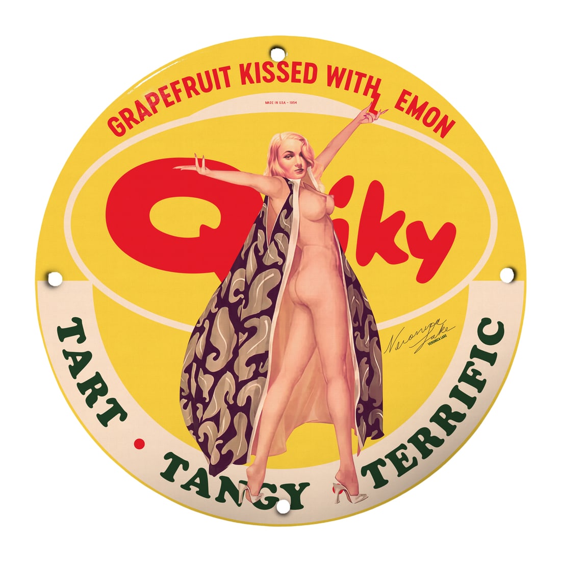 Quirky Grapefruit Kissed Pinup Girl Porcelain Sign - Tart, Tangy, Terrific Decor: Introducing the Quirky Grapefruit Kissed Pinup Girl Porcelain Sign, a stunning fusion of vintage charm and contemporary style. Measuring a perfect 12 inches in diameter, this sign adds a delightful fl