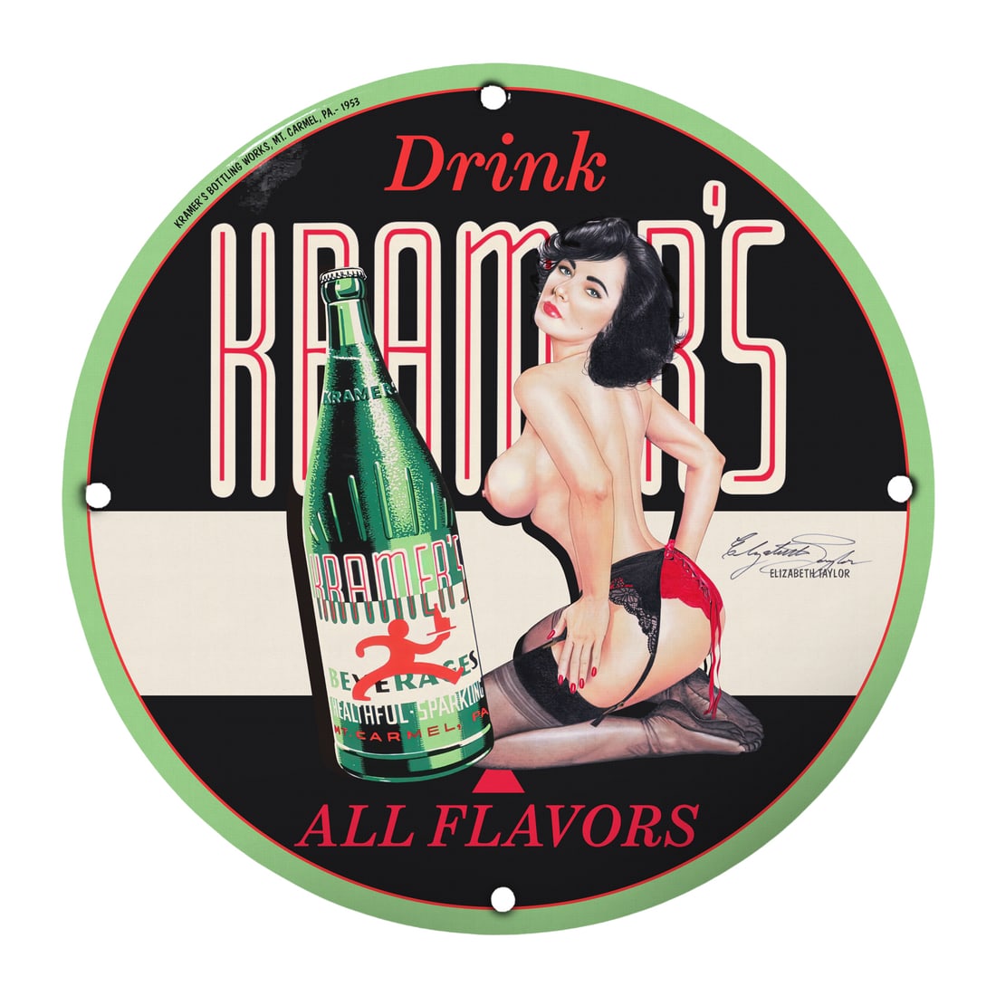 Vintage Kramer's Pinup Girl Porcelain Sign - 12" Round Collectible Art: Experience a slice of nostalgia with this 12-inch round porcelain sign featuring the iconic Kramer's brand from 1933. This exquisite piece of vintage art showcases an alluring pinup girl, styled in cl