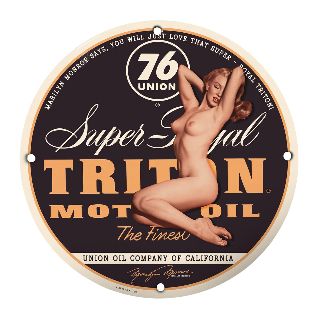 Retro 12" Marilyn Monroe Pinup Sign - Vintage Triton Motor Oil Decor: This stunning 12-inch round porcelain sign features the iconic classic pinup girl, Marilyn Monroe, showcasing beauty and allure in vintage style. Perfect for collectors, automotive enthusiasts, and an
