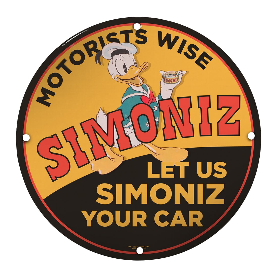 Vintage 8" Round Porcelain Sign Featuring Iconic Disney Character - Perfect Collector's Item: This exquisite 8-inch round porcelain sign showcases an iconic image featuring a beloved Disney character, known for its vibrant colors and nostalgic appeal. Designed for motor enthusiasts, this sign 