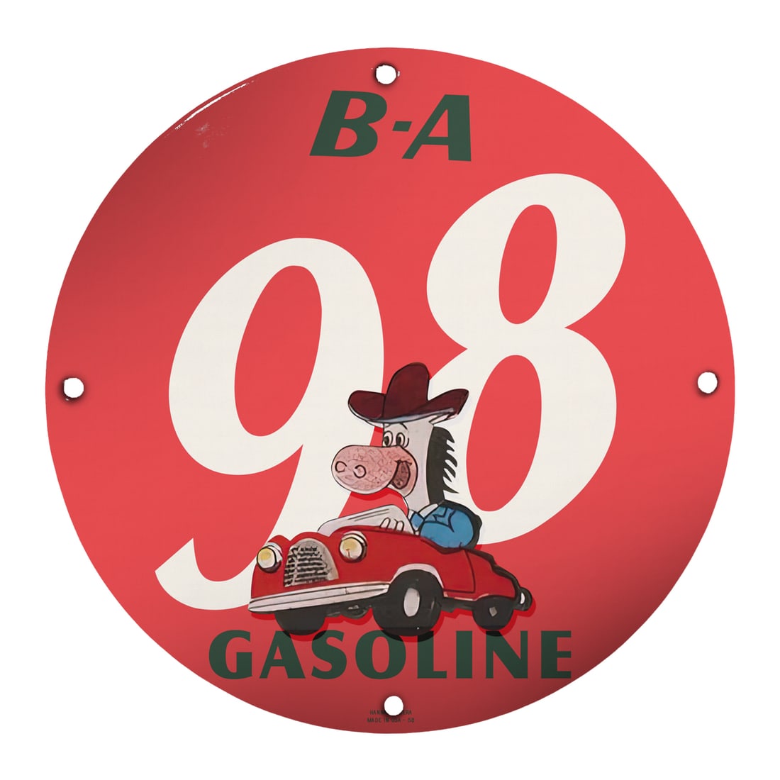 Vintage 8-Inch Round Porcelain Gasoline Sign Featuring Iconic Cartoon Character: Discover the charm of antique collectibles with this stunning 8-inch round porcelain gasoline sign, featuring a whimsical cartoon character that embodies the spirit of classic Americana. This collecti