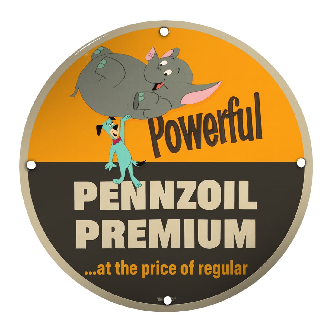 Vintage 8" Round Porcelain Sign - Pennzoil Premium Oil Featuring Classic Cartoon Characters: Enhance your collection with this delightful vintage 8" round porcelain sign featuring the iconic Pennzoil Premium logo, illustrated with vibrant cartoon characters. Designed for oil enthusiasts, car 