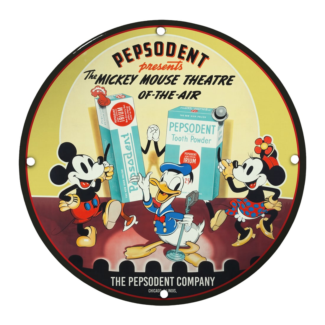 Vintage 8" Round Porcelain Signs: Mickey Mouse Theatre of the Air Collectible: Discover the nostalgia of yesteryear with this exquisite 8" round porcelain sign featuring the whimsical images of classic Disney characters in the popular 'Mickey Mouse Theatre of the Air' promotion 