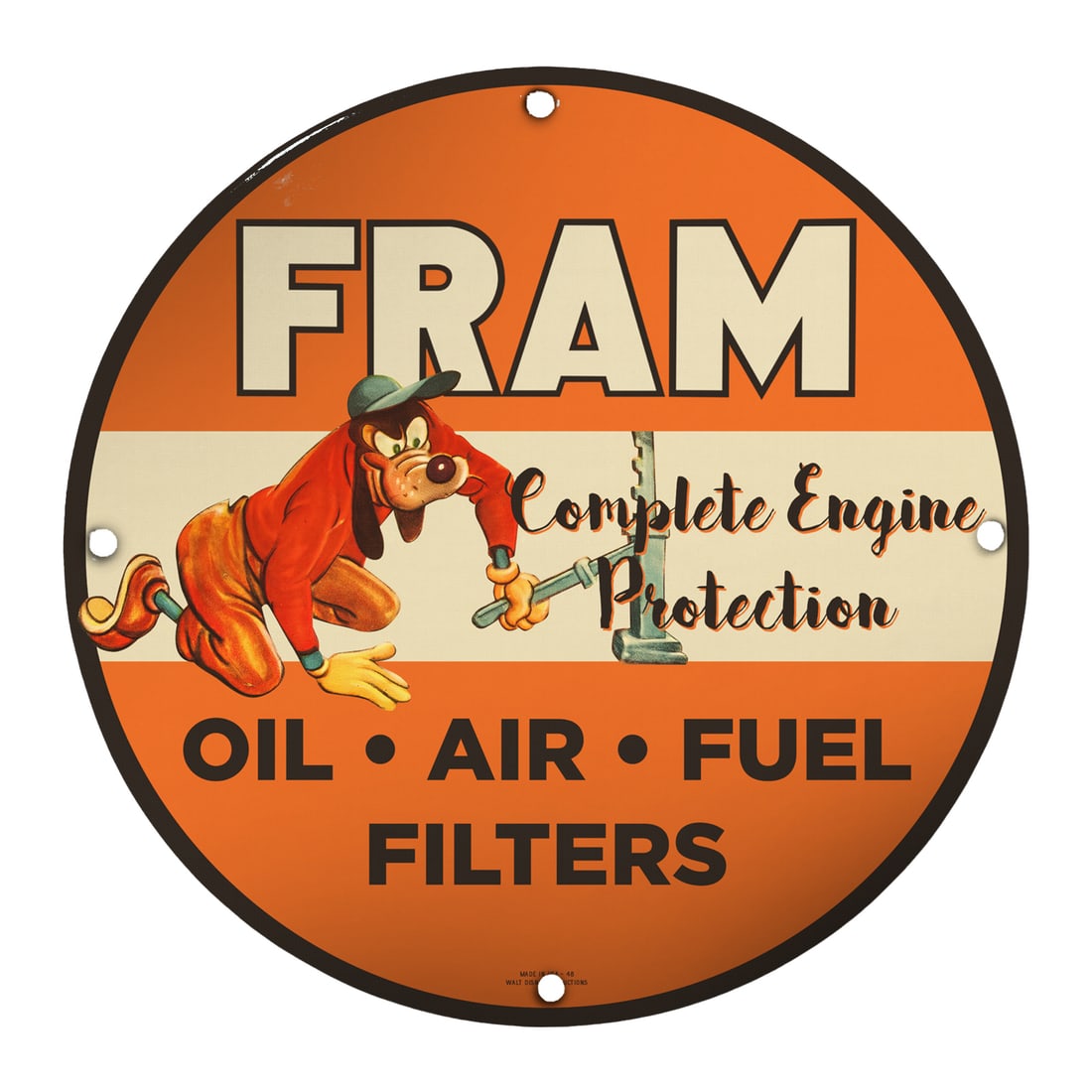 Vintage 8-Inch Round FRAM Porcelain Sign - Complete Engine Protection Decorative Art (1 of 2)