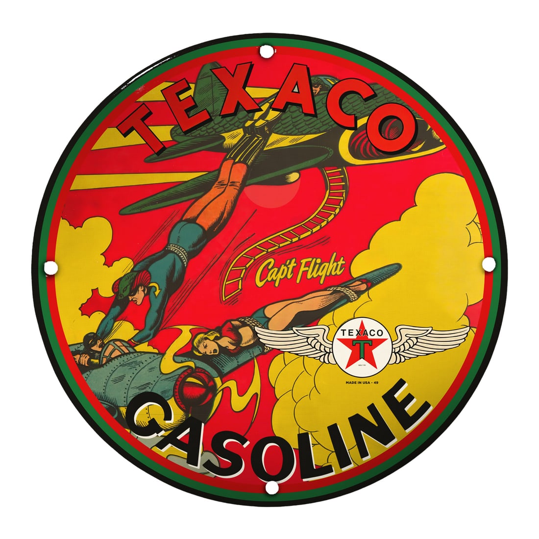 Vintage 8" Round Texaco Porcelain Sign - Capt. Flight Gasoline Collectible (1 of 2)