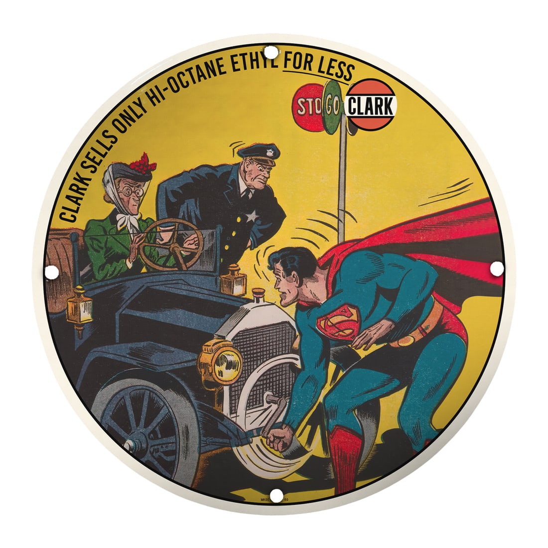 Vintage 8" Round Porcelain Sign Featuring Superman and Classic Car Scene: Discover the charm of vintage advertising with this unique 8-inch round porcelain sign featuring an iconic scene reminiscent of comic book legends. This sign showcases Superman's heroic antics as he a