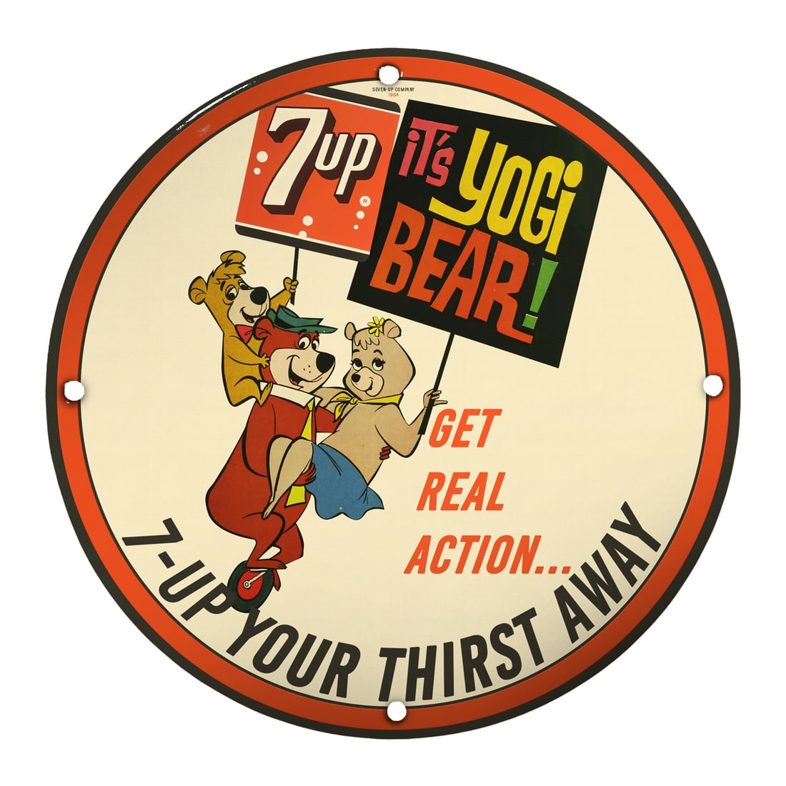 Vintage 7UP Yogi Bear Porcelain Sign ? 8" Round Collector's Item for Beverage Enthusiasts (1 of 2)