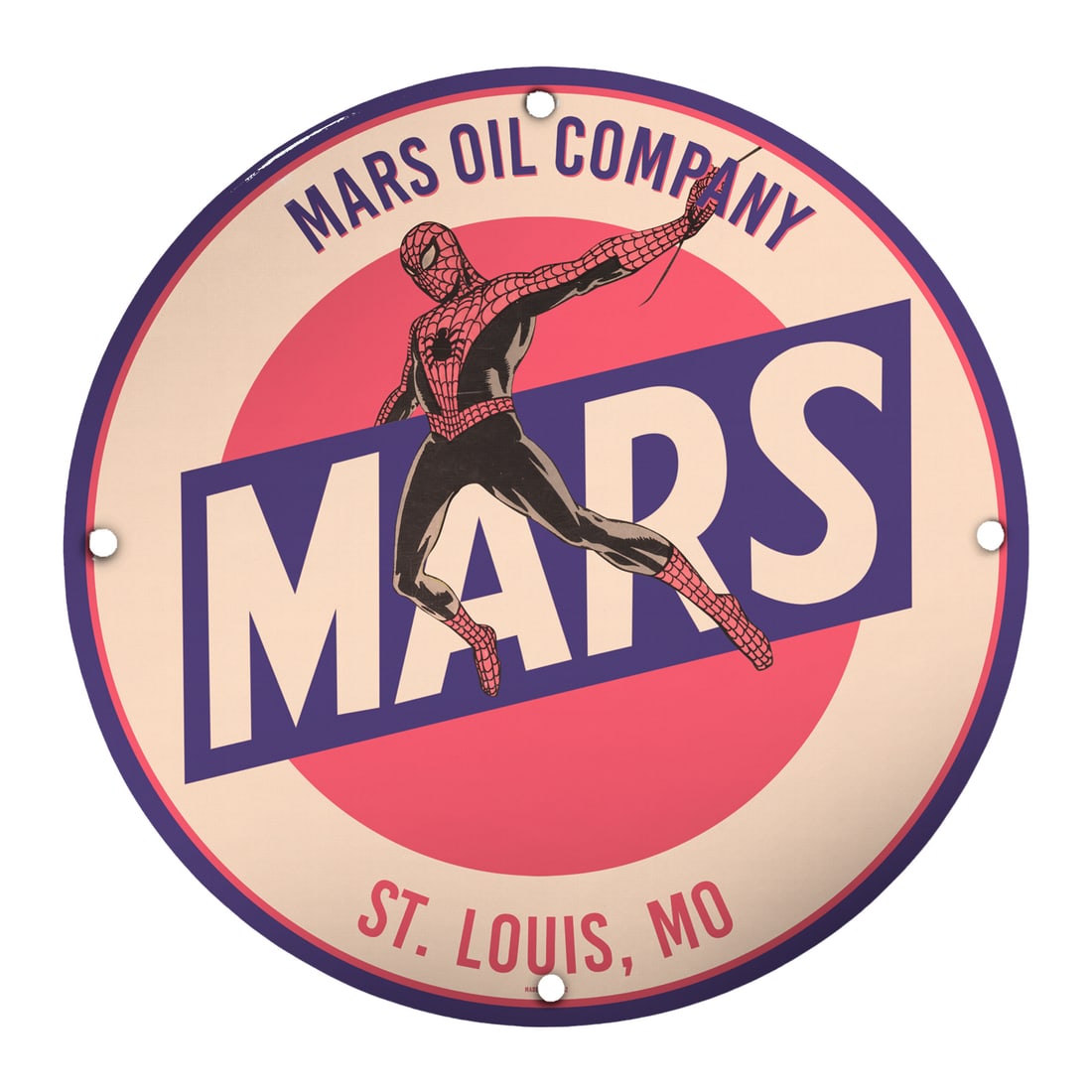 Vintage 8" Round Porcelain Sign - Mars Oil Company with Spider-Man Design (1 of 2)