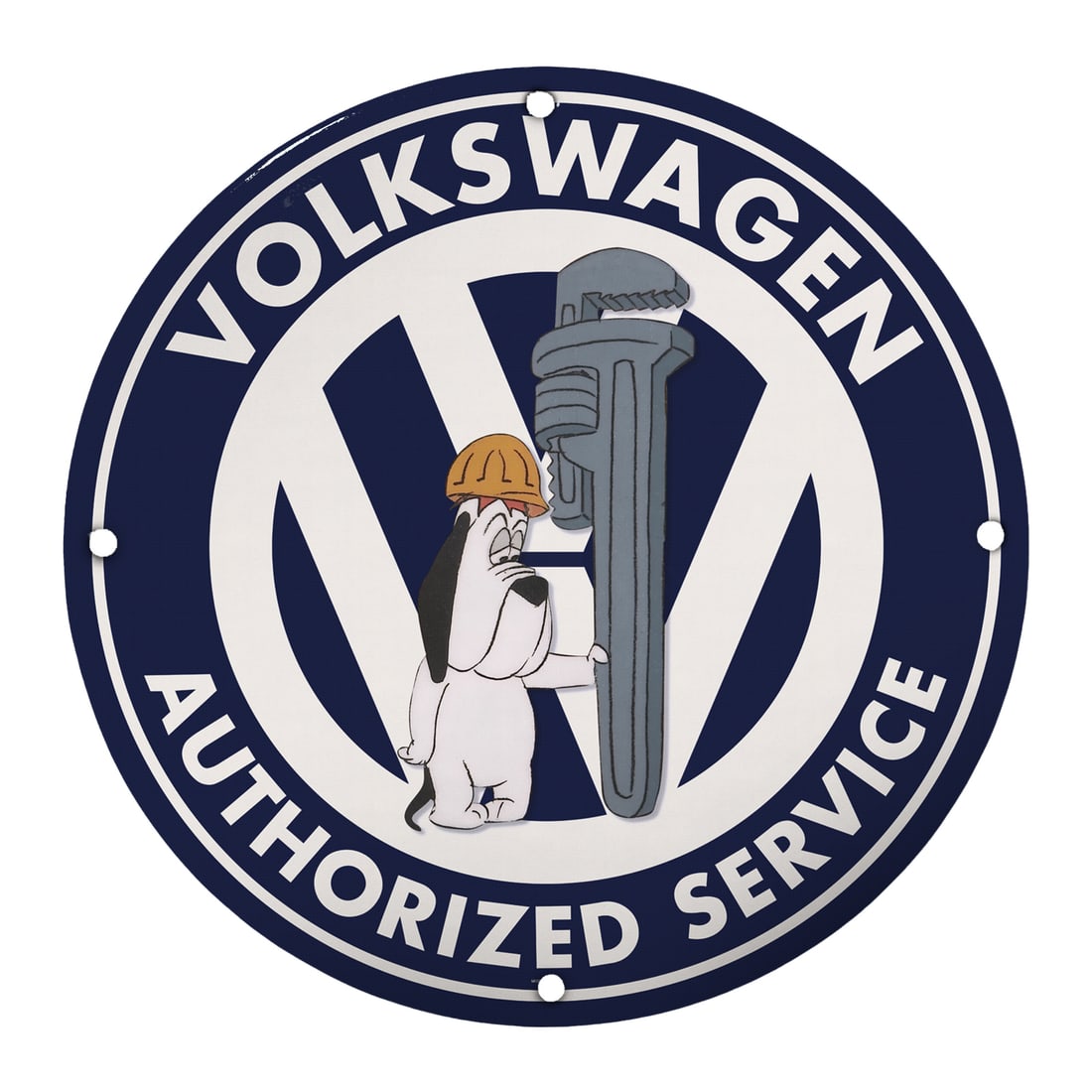 Vintage VW 8-Inch Round Porcelain Sign - Authorized Service for Car Enthusiasts: Unlock a unique piece of automotive nostalgia with our exquisite 8-inch round porcelain sign featuring the iconic Volkswagen logo and a charming illustration of a dog wearing a hard hat, symbolizing '