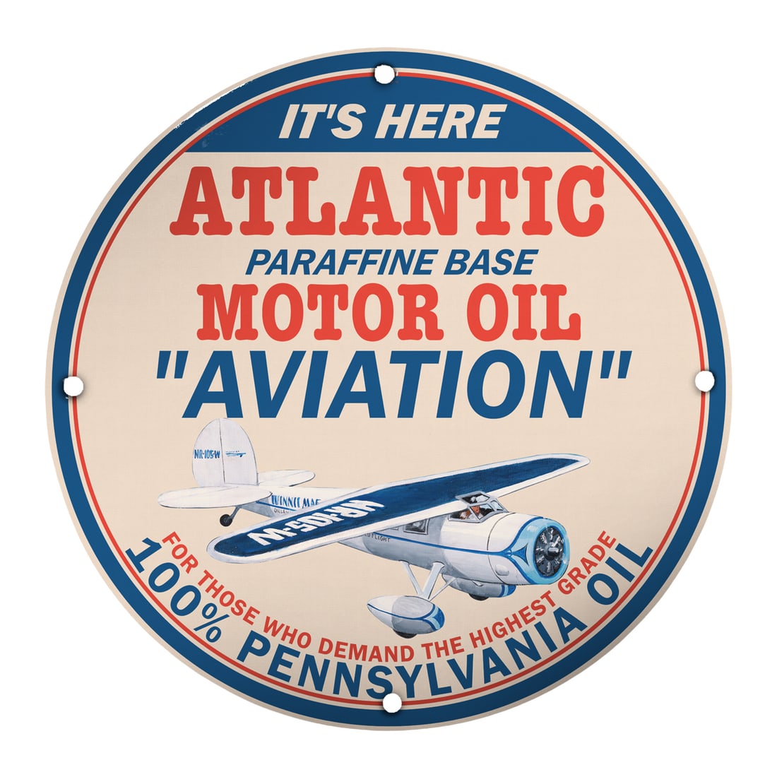 Vintage 8" Round Porcelain Atlantic Motor Oil Aviation Sign - Classic Collectible: Discover a piece of aviation history with our stunning vintage 8-inch round porcelain sign featuring Atlantic Paraffin Base Motor Oil labeled "Aviation." This unique collectible is an excellent additi