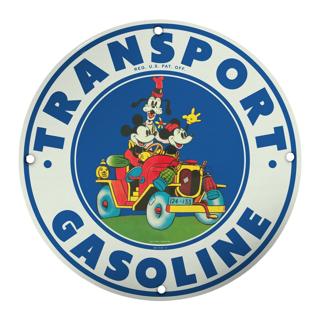 Vintage 8" Round Porcelain Transport Gasoline Sign Featuring Classic Disney Characters: This beautifully crafted 8-inch round porcelain sign is a must-have for collectors and enthusiasts of vintage memorabilia. Featuring iconic Disney characters Mickey Mouse, Goofy, and Donald Duck on a 