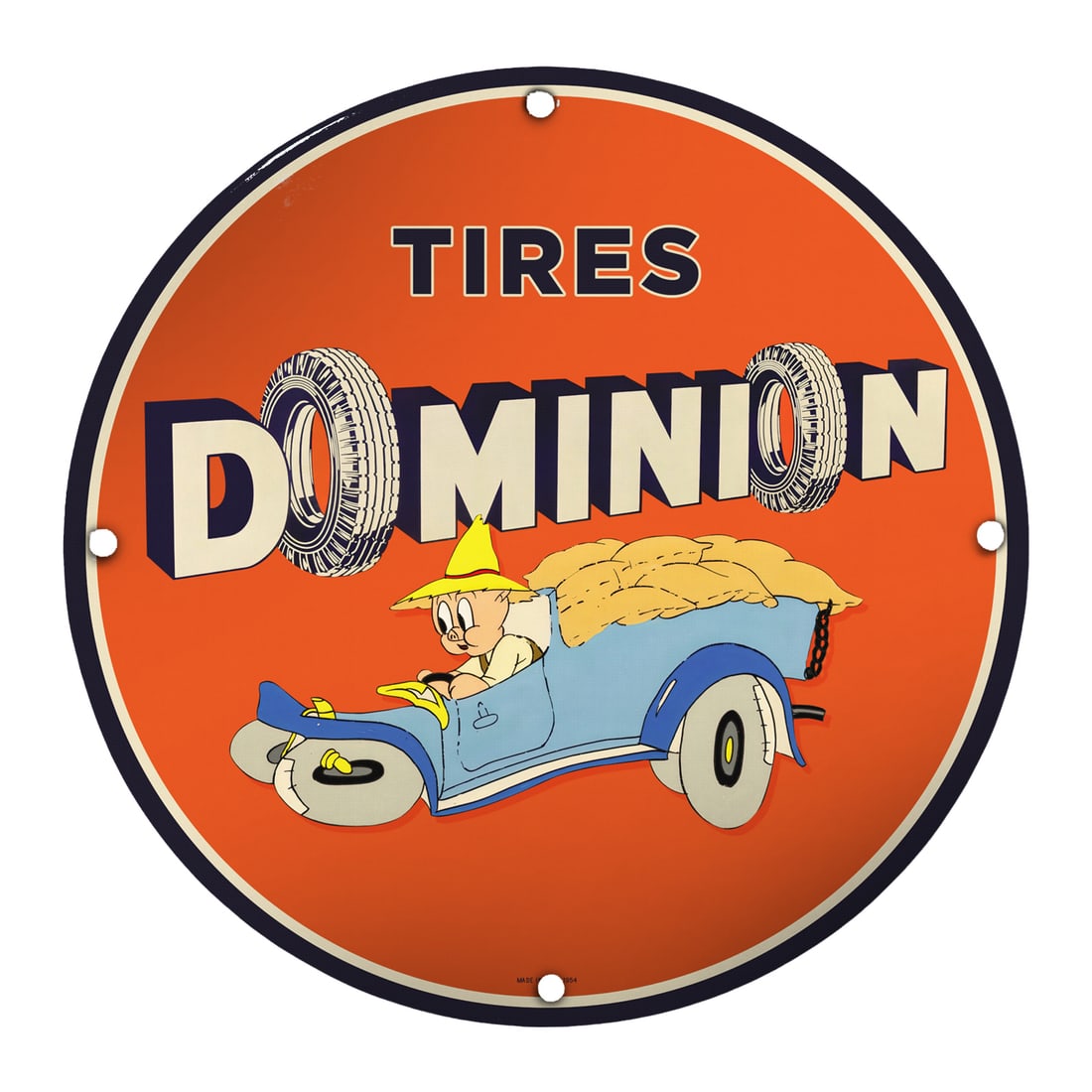 Vintage 8-Inch Round Porcelain Sign: Dominion Tires with Adorable Cartoon Design: Discover the charm of this exquisite 8-inch round porcelain sign, featuring the iconic Dominion Tires branding. Perfect for collectors and enthusiasts alike, this sign captures the playful essence of 