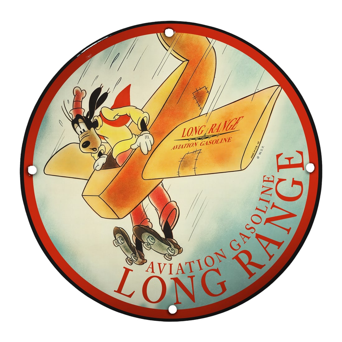 Vintage 8" Round Porcelain Sign: Long Range Aviation Gasoline with Goofy: Explore the incredible charm of this 8" round porcelain sign featuring a whimsical depiction of Goofy piloting an airplane, emphasizing the message 'Long Range Aviation Gasoline.' This delightful sign